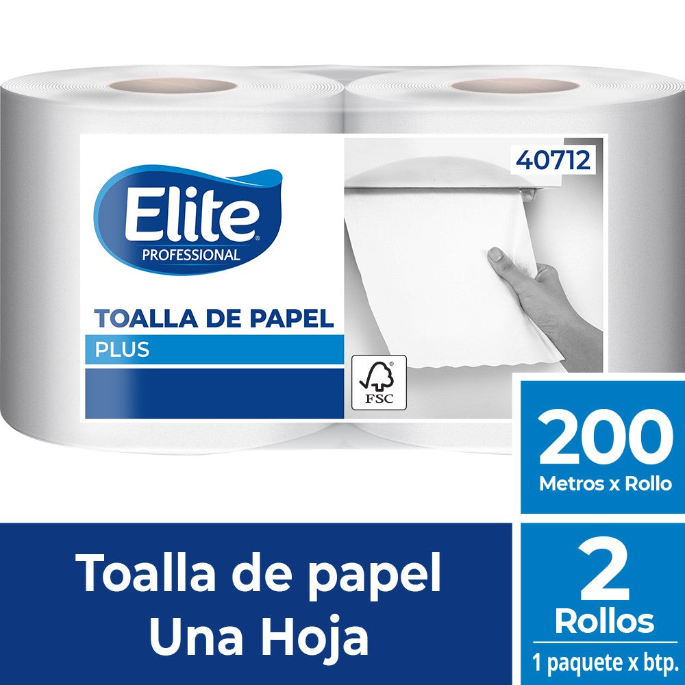 Toalla Papel Elite Plus 200 M 2 Rollos | Hoja Simple Alta Calidad