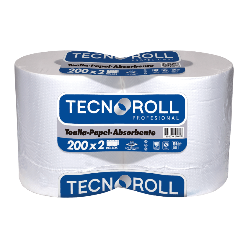 Toalla de Papel Tecnoroll Jumbo 2 Rollos 200 m Hoja Simple