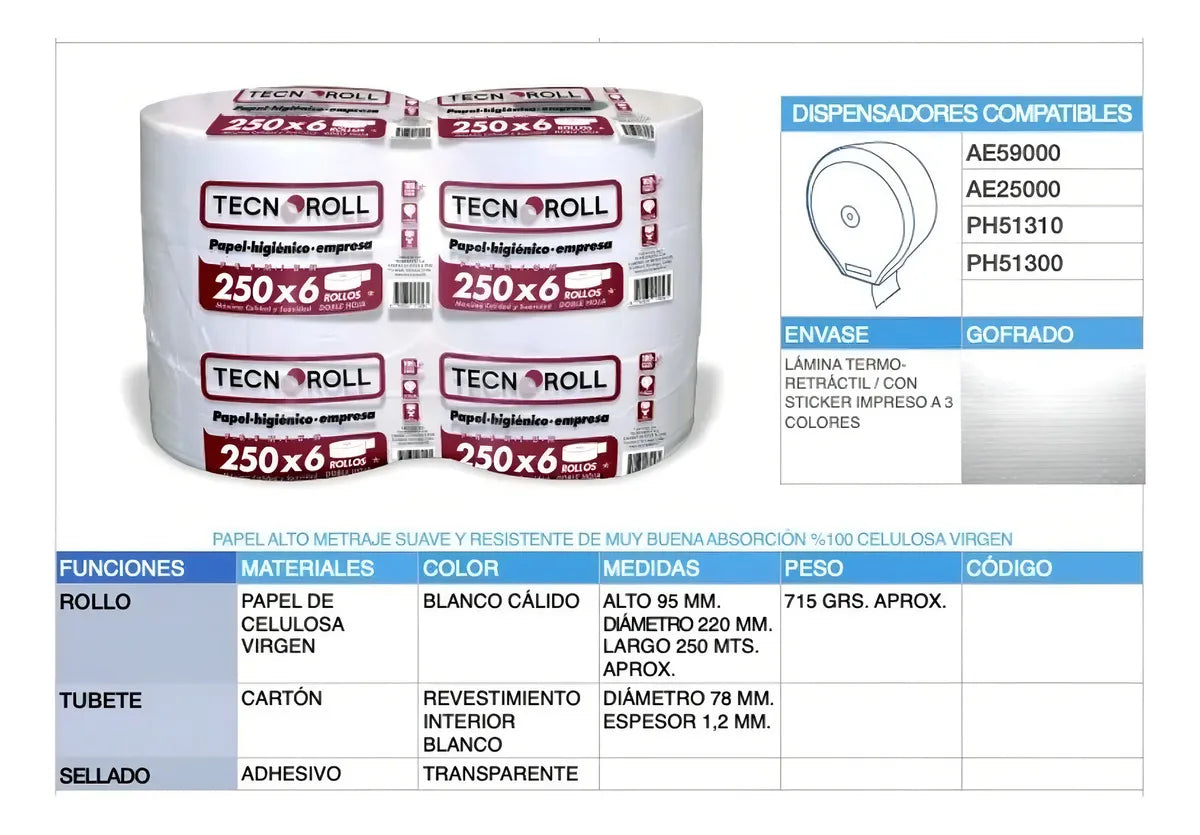 HIGIENICO  250m x 6 rollos Doble Hoja