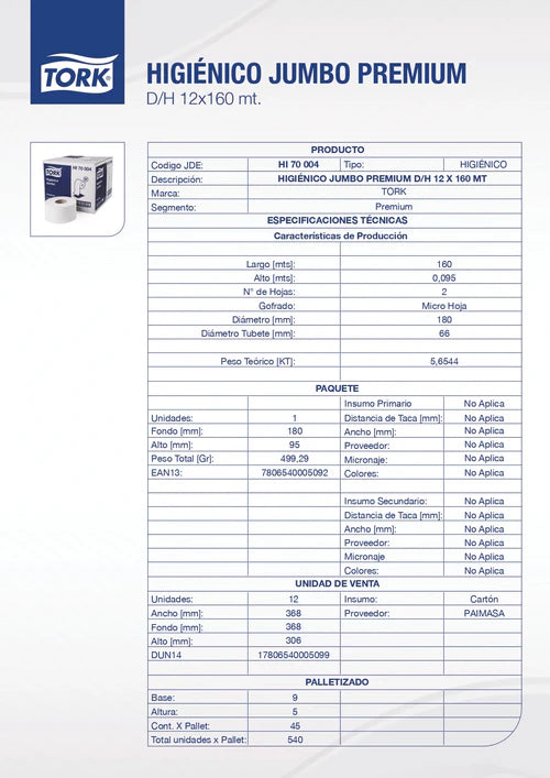 PAPEL HIGIÉNICO TORK D/H 160 MTS X 12 ROLL PREMIUM (HI70004)